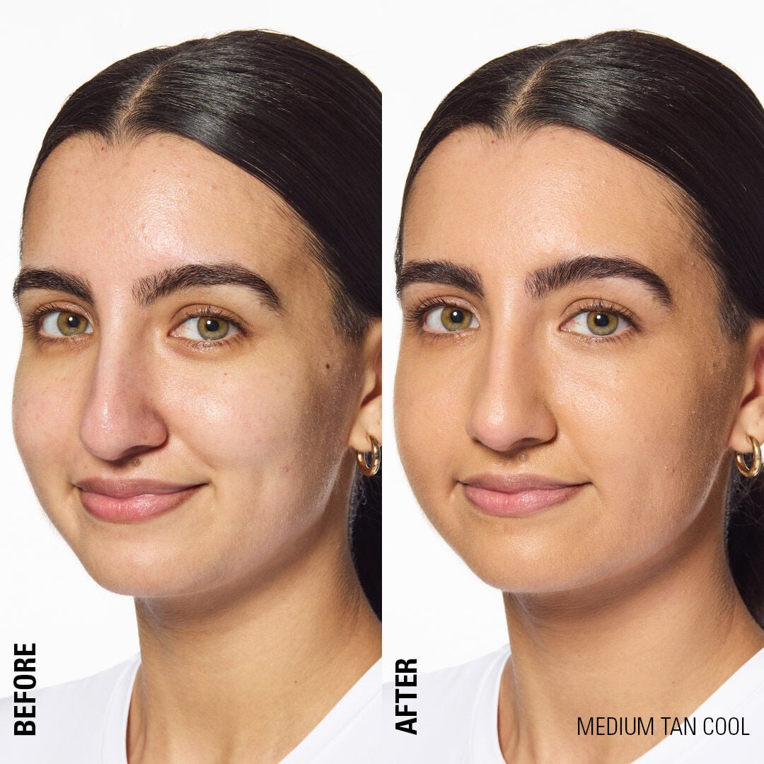 Before and after cushion foundation result on medium tan cool skin tone