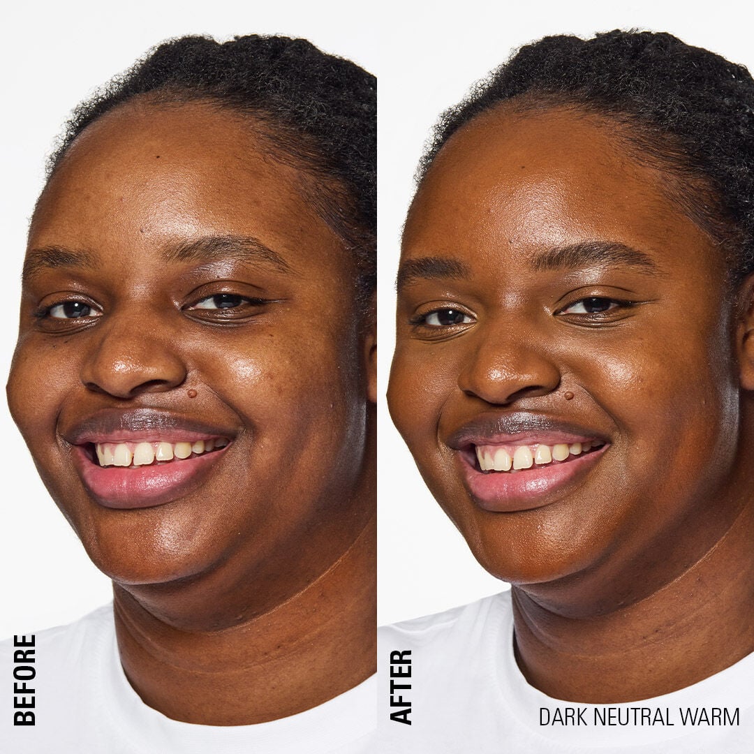 Before and after cushion foundation result on dark neutral warm skin tone